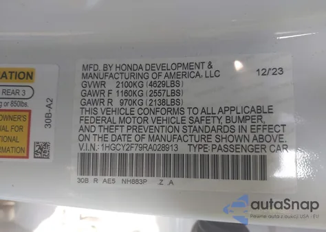 2024 Honda Accord Hybrid Sport-L z USA, uszkodzony, nr VIN 1HGCY2F79RA028913